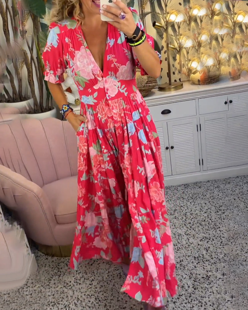 Catrisa™ - Vestido com decote em V e estampa floral e bolsos